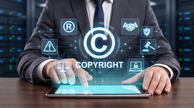 Intellectual Property protection and digital rights management concept, showcasing modern legal technology for corporate compliance and data security.