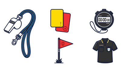 Soccer referee equipment set with whistle, cards, and stopwatch for sport banner © niloy
