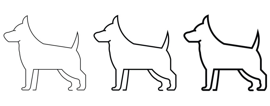 Minimalist dog line art icons, set of 3 black outline dog silhouettes with varying stroke weights, modern pet vector graphics for logo design