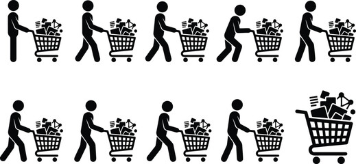 Shopping cart icon set with stick figure customers, retail grocery trolley vector collection, black silhouette people pushing full market carts © Muhammad