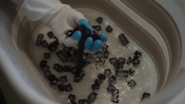 Close-up of technician hands in protective gloves washing and cleaning dusty black keycaps from disassembled computer keyboard in basin of soapy water for maintenance. Shooting in slow motion