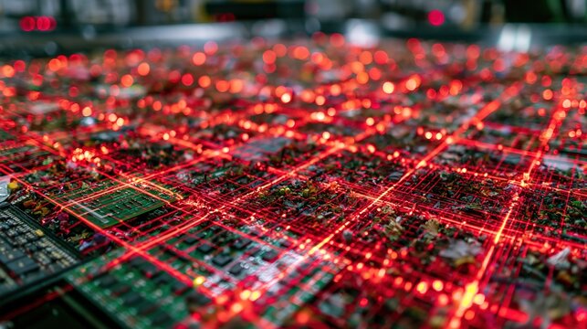 Close-up of Red-Lit Circuit Boards in Stock Inspection Room