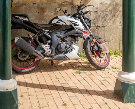 Brighton, East Sussex, UK - May 23 2026. Close up of Suzuki GSX-S 125cc motorcycle parked up in an underpass