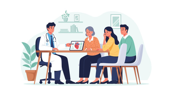 Doctor showing heart anatomy to concerned family in medical clinic