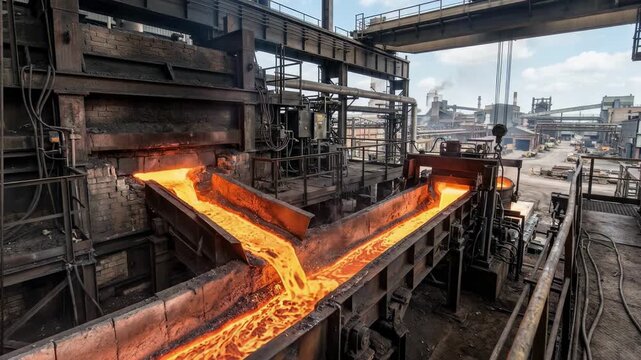 Close view of automated equipment channeling bright copper matte from a reverberatory furnace during a day shift at a sprawling metallurgical complex highlighting efficiency
