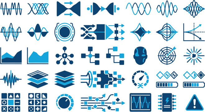 Data Processing and Analytics Visualization Vector Icon Set for Information Technology, Digital Infrastructure & Software Interface Development (EPS)