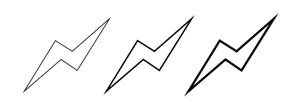 Minimalist lightning bolt icons with varying stroke weights, black outline thunderbolt vector set, electric power symbols for UI design