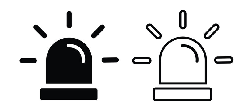 Emergency siren flasher icons, black solid and outline beacon vector set, police and ambulance warning light symbols for security and safety apps