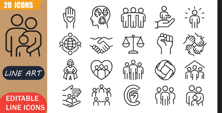 Diversity inclusion icons set, 20 editable line art icons set, humanrights diversity inclusion, equality respect community, justice empowerment unity, support theme style, clean outline vector