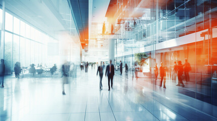 crowd of business people walking and talking in a modern company office. Geometric pattern and skyscrapers foreground. Toned image double exposure mock up blurred © © Raymond Orton