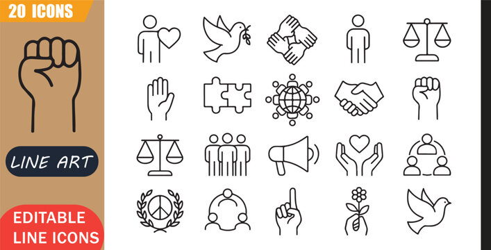 Peace unity icons set, 20 editable line art icons set, humanrights peace unity, dignity equality freedom, respect community advocacy, harmony theme style, clean outline vector
