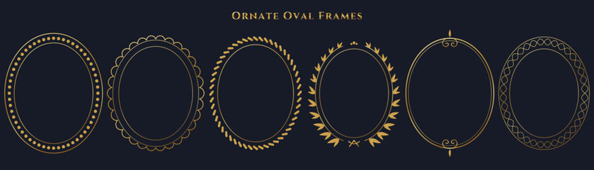 Ornate oval frames gold vintage outline with beaded scalloped rope twist laurel wreath scrollwork and guilloche decorative ornamental border vector © aimthy stock