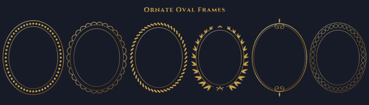 Ornate oval frames gold vintage outline with beaded scalloped rope twist laurel wreath scrollwork and guilloche decorative ornamental border vector