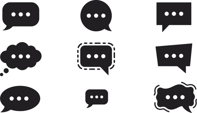 Minimalist speech bubble icon set, black chat cloud vector elements, communication and message symbols for web and app interface design