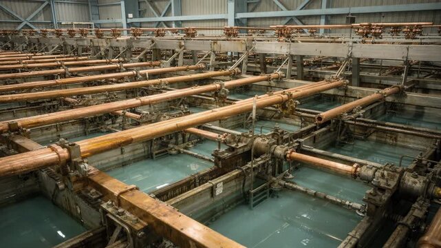Close medium view of overhead busbars connecting electrolyte cells in a copper refining tank highlighting electrical infrastructure and industrial complexity