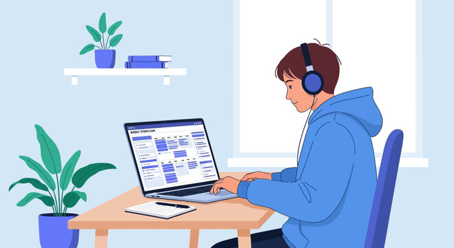 Young man studying online with headphones and laptop at desk, home office setup