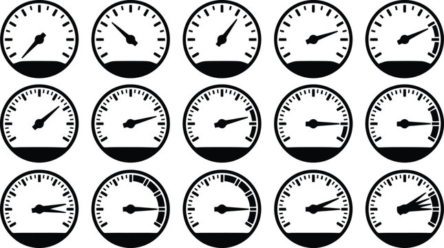Speedometer icon set with 15 black and white gauge vectors, dashboard dial collection for performance tracking, automotive meter symbols for interface design