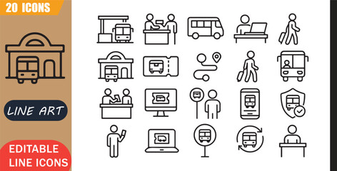 Ticket counter icons set, 20 editable line art icons set, busstation ticketcounter transport, travel booking passenger, terminal route transit, service theme style, clean outline vector © MD.Kawsar Hossan