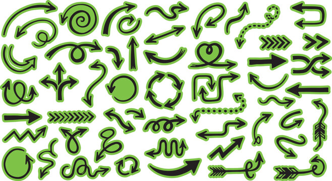 Set of hand drawn green arrows and directional symbols with direction handdrawn collection navigation abstract creative pointing illustration business presentation isolated
