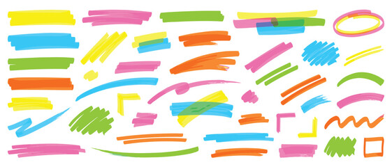 Highlighter marker brush stroke set vector with colorful hand drawn lines, underlines and text highlight elements © Salam Studio
