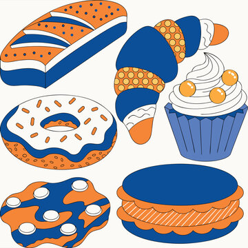 Blue and Orange Bakery and Pastry Vector Illustration Set