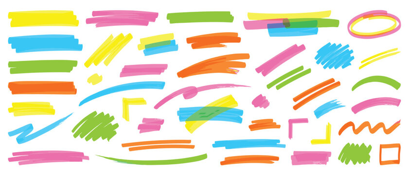 Highlighter marker brush stroke set vector with colorful hand drawn lines, underlines and text highlight elements