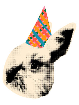 Halftone rabbit wearing birthday party hat playful element for collage. Birthday celebration clip art. Vintage dot animal sticker with doodles. Modern retro mixed media vector illustration isolated