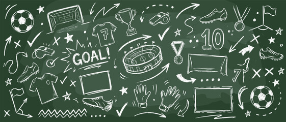 Soccer football chalkboard doodle vector set with hand drawn sport elements, stadium, goal and trophy on green background  © Salam Studio