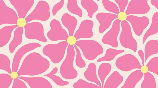 A seamless retro 70s style pattern featuring stylized groovy pink flowers with yellow centers on a cream-colored background, perfect for vintage designs.