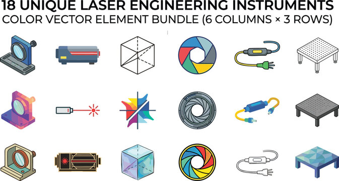 Laser Engineering and Optical Laboratory Instruments Icons Set Featuring Lenses Beamsplitter Prisms Optical Breadboards Apertures and Fiber Cables