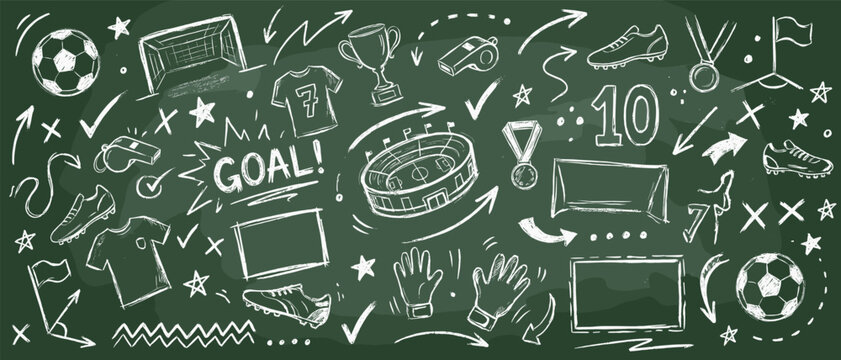 Soccer football chalkboard doodle vector set with hand drawn sport elements, stadium, goal and trophy on green background
