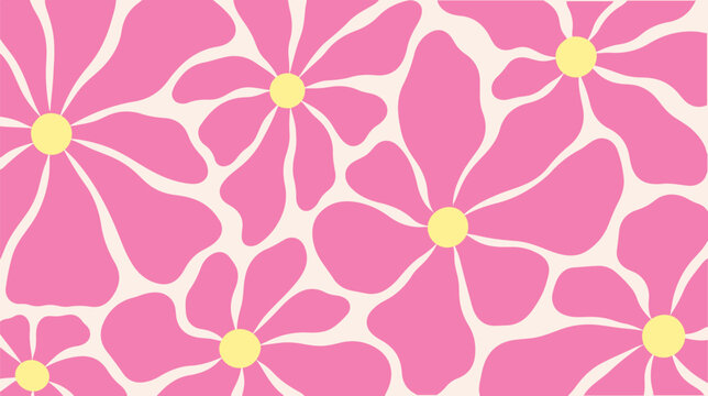 A vibrant, seamless retro-style pattern featuring stylized pink flowers with soft yellow centers against a creamy off-white background, perfect for design.