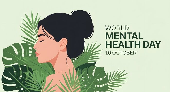 World mental health day illustration featuring a woman surrounded by tropical foliage promoting wellbeing and self care