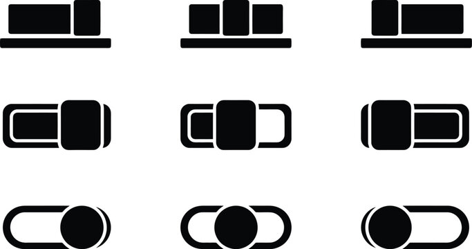 Minimalist toggle switch icon set, black slider buttons for user interface design, 9 vector web elements for app settings and navigation