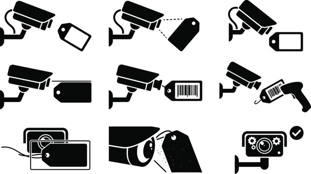 Security camera and price tag icon set, surveillance CCTV monitoring retail products, barcode scanner and shoplifting prevention vector graphics
