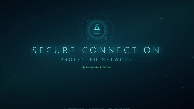 Cybersecurity secure connection interface, digital protected network display with padlock icon, encrypted data and privacy technology background