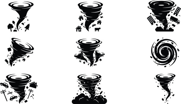 Tornado and hurricane vector icons set, black whirlwind and cyclone storm symbols, natural disaster weather elements for emergency warning