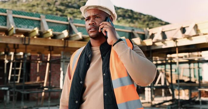 Phone call, black man and construction worker on site with stress for feedback on building. Upset, inspection and civil engineer on mobile discussion for renovation, infrastructure or repair approval