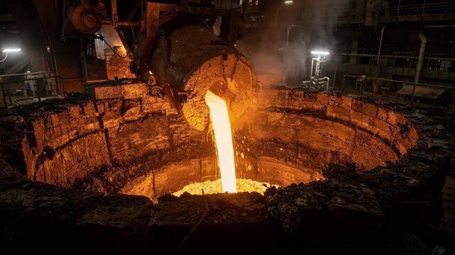 Medium angle of matte tapping inside a flash smelting furnace emphasizing the molten matte extraction from the reaction shaft area surrounded by robust refractory lining