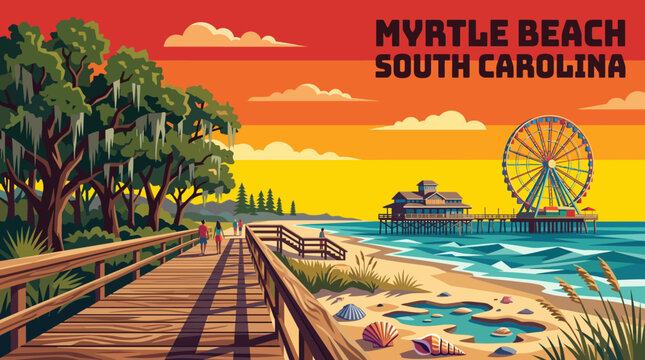 myrtle beach expansive oceanfront coastline with golden sandy shores vector illustration and popular family travel destination