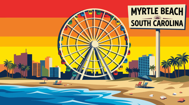 myrtle beach expansive oceanfront coastline with golden sandy shores vector illustration and popular family travel destination