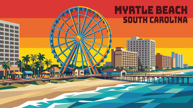 myrtle beach expansive oceanfront coastline with golden sandy shores vector illustration and popular family travel destination