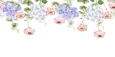 Hydrangeas, ranunculus and eucalyptus watercolor floral border with space below for text. Suitable for wedding invitations, greeting cards, stationery, packaging and feminine branding projects. © Evgeniia