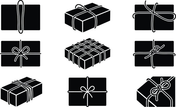 Minimalist gift box icons set, black silhouette parcel vector collection, 9 package symbols with ribbon and string ties for logistics and shipping