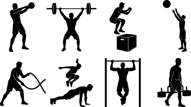 Fitness and functional training silhouettes set featuring athletes lifting weights jumping doing pullups pushups and using battle ropes