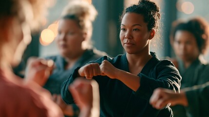 Fototapeta premium Confident female instructor guides plussize beginners posture during selfdefense class soft daylight highlighting focused expressions in inclusive workout space with blurred
