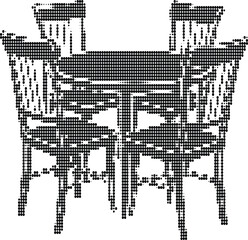 Obraz premium Dining table and chairs set illustrated using halftone dots on neutral transparent surface.
