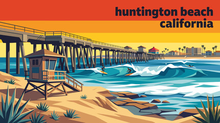 Fototapeta premium huntington beach sunny pacific shoreline vector with rolling ocean waves sandy coast and popular travel destination