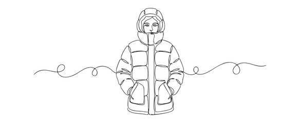 Fototapeta premium Continuous line art vector illustration of a person in a puffer coat with hands in pockets, representing a minimalist winter fashion concept on a clean white background