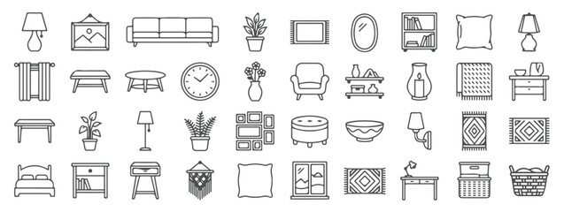 Fototapeta premium Home Decor Icons AD Professional Vector Outline File Interior Design, Decoration Furniture Accessories, Thin Line Symbols Editable Stroke Collection